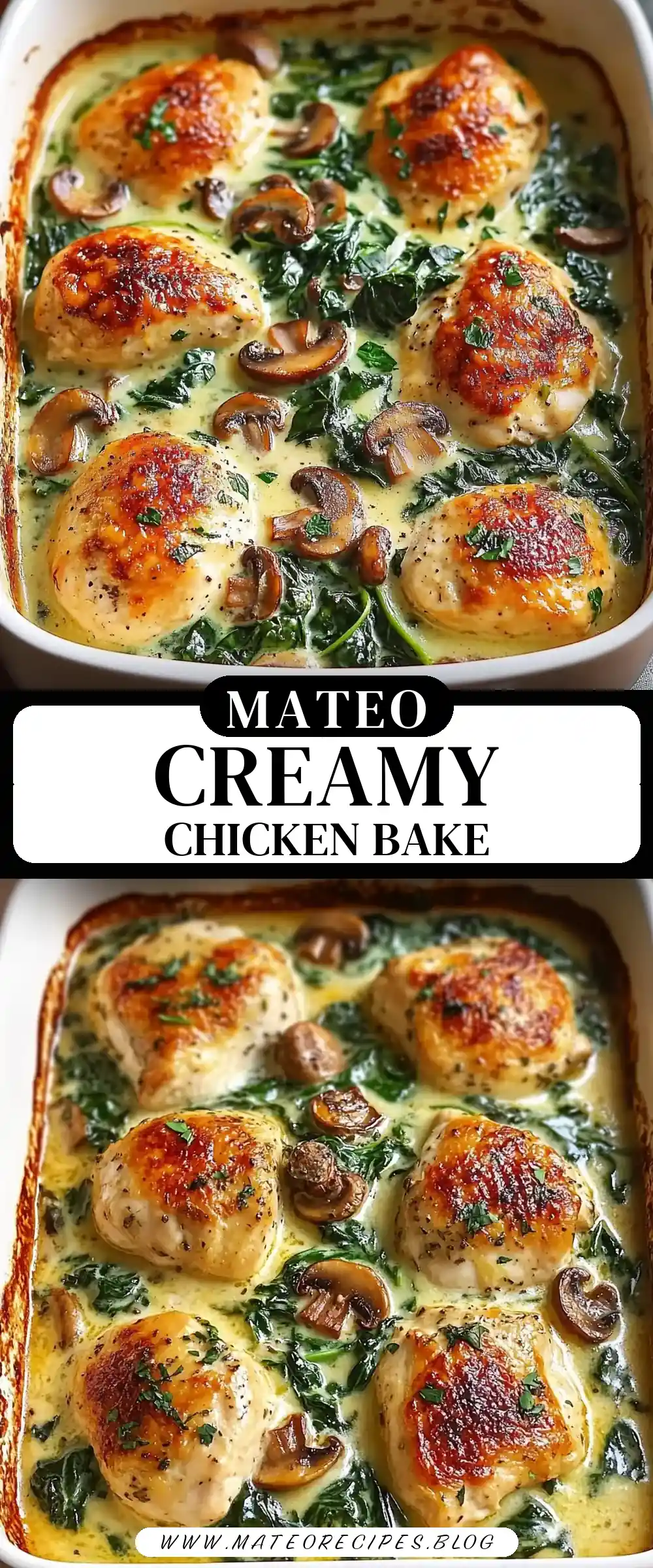 Pinterest pin (Design 3) for Low Carb Creamy Chicken, Spinach & Mushroom Bake