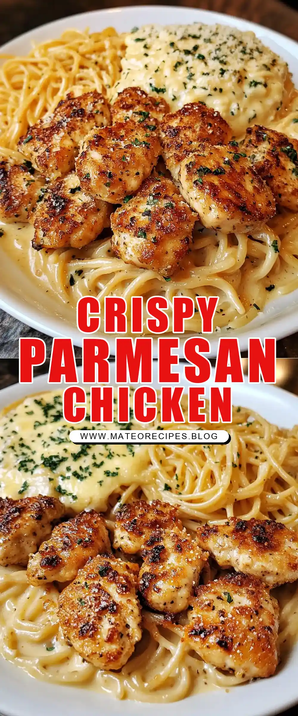 Pinterest pin (Design 1) for Crispy Parmesan Chicken Bites with Creamy Four-Cheese Spaghetti