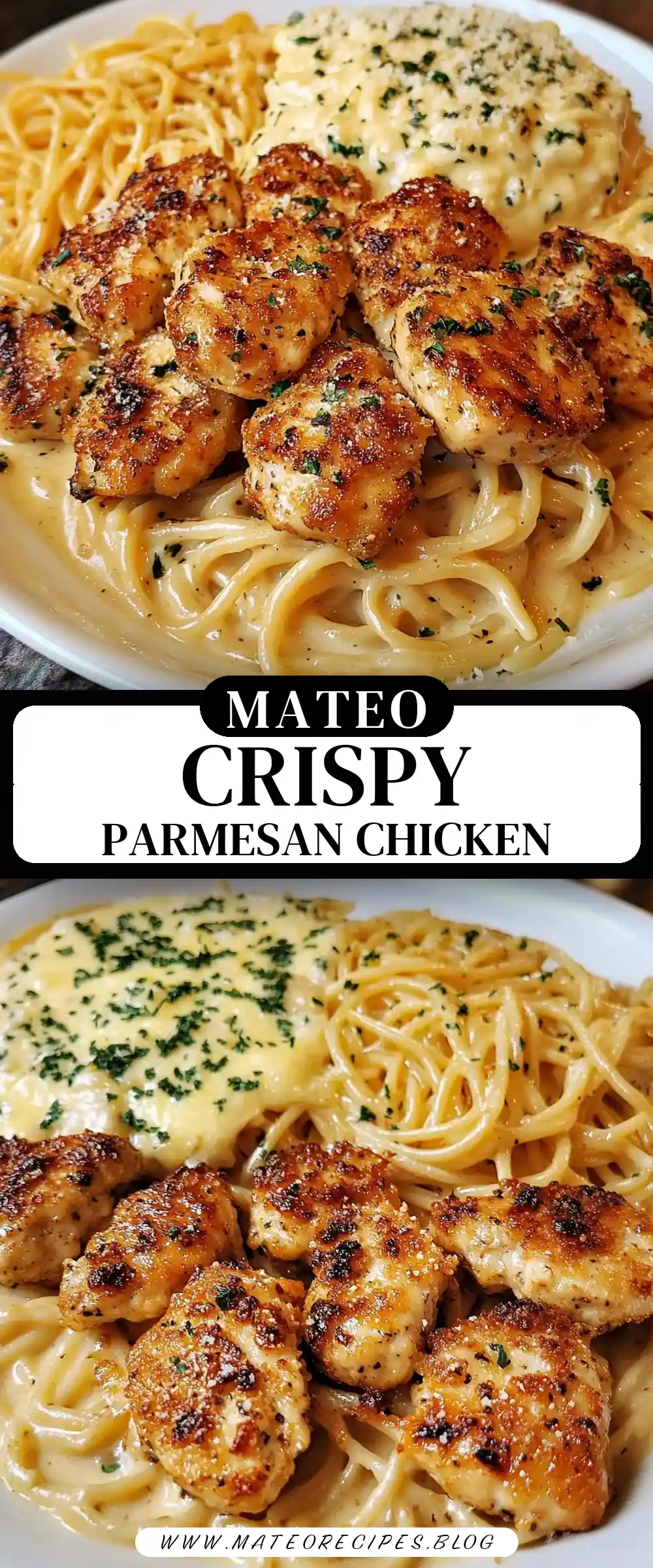 Pinterest pin (Design 3) for Crispy Parmesan Chicken Bites with Creamy Four-Cheese Spaghetti