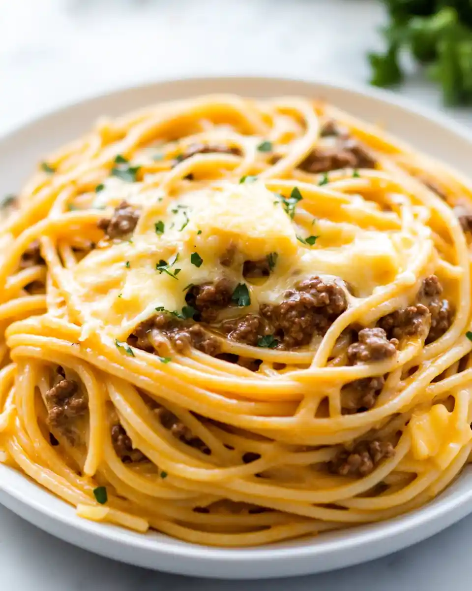 A delicious plate of Cheesy Beef Spaghetti in Savory Garlic Cheddar Butter Cream