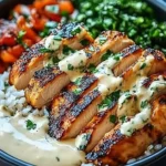 A delicious plate of Chicken & Rice Bowls with Creamy Garlic Sauce 🍚