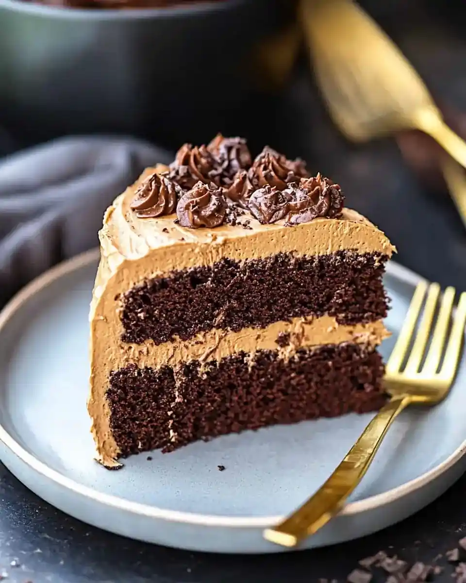 A delicious plate of Chocolate Cake with Chocolate Frosting