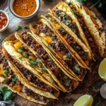 A delicious plate of Cowboy Butter Smashed Beef Tortilla Melts with Spicy Dipping Sauce