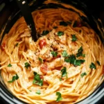 A delicious plate of Creamy Crockpot Chicken Spaghetti 🍗🍝 Recipe