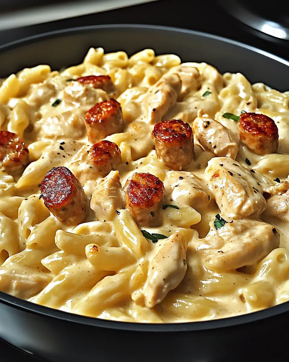 A delicious plate of Creamy Pepper Jack Chicken & Sausage Pasta