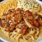 A delicious plate of Crispy Parmesan Chicken Bites with Creamy Four-Cheese Spaghetti