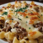 A delicious plate of French Onion Ground Beef & Noodle Casserole