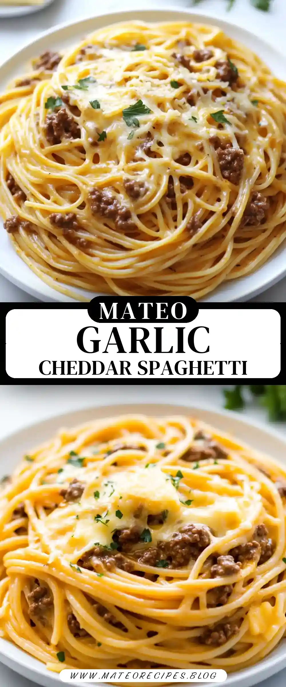 Pinterest pin (Design 3) for Cheesy Beef Spaghetti in Savory Garlic Cheddar Butter Cream