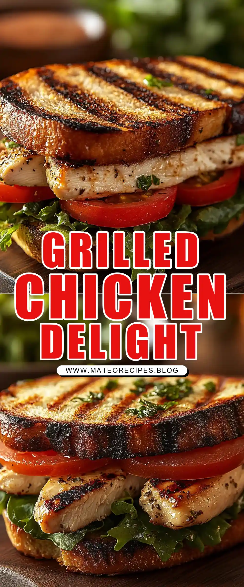 Pinterest pin (Design 1) for Garlic Butter, Lettuce, Tomato & Grilled Chicken Sandwich