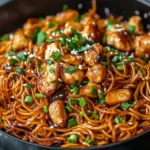A delicious plate of Garlic Chicken Lo Mein