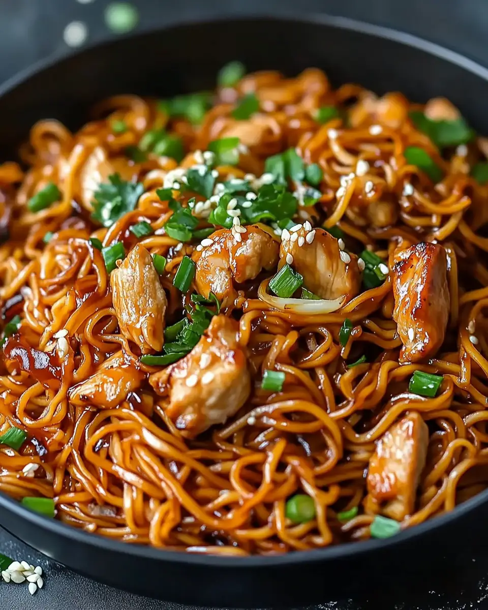 A delicious plate of Garlic Chicken Lo Mein