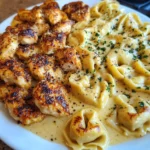 A delicious plate of Garlic Parmesan Chicken Tortellini in Creamy Velveeta Asiago Sauce