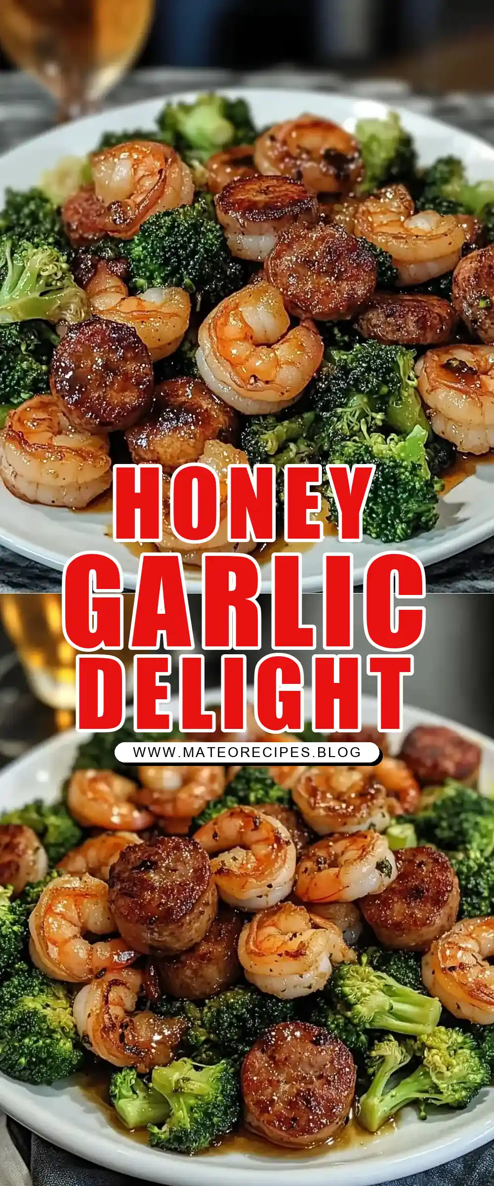 Pinterest pin (Design 1) for Honey Garlic Shrimp, Sausage & Broccoli