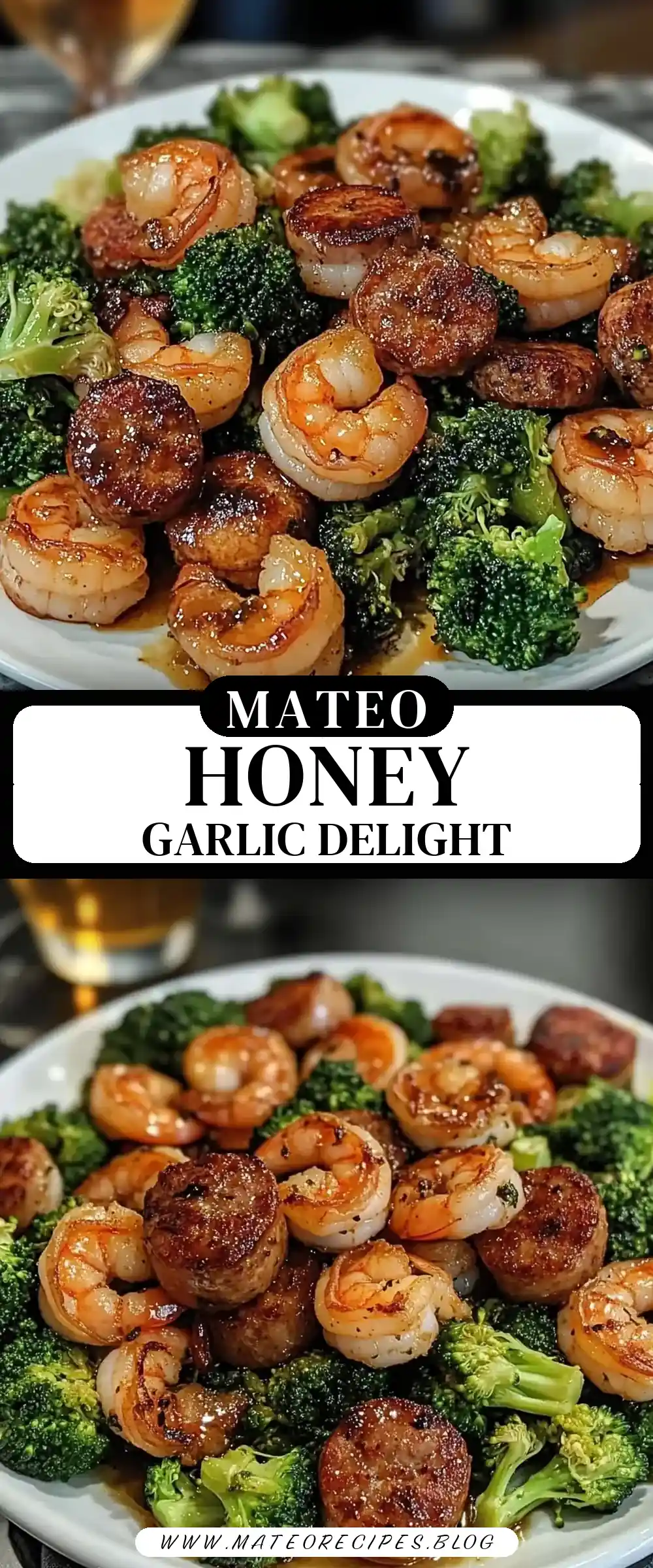 Pinterest pin (Design 3) for Honey Garlic Shrimp, Sausage & Broccoli