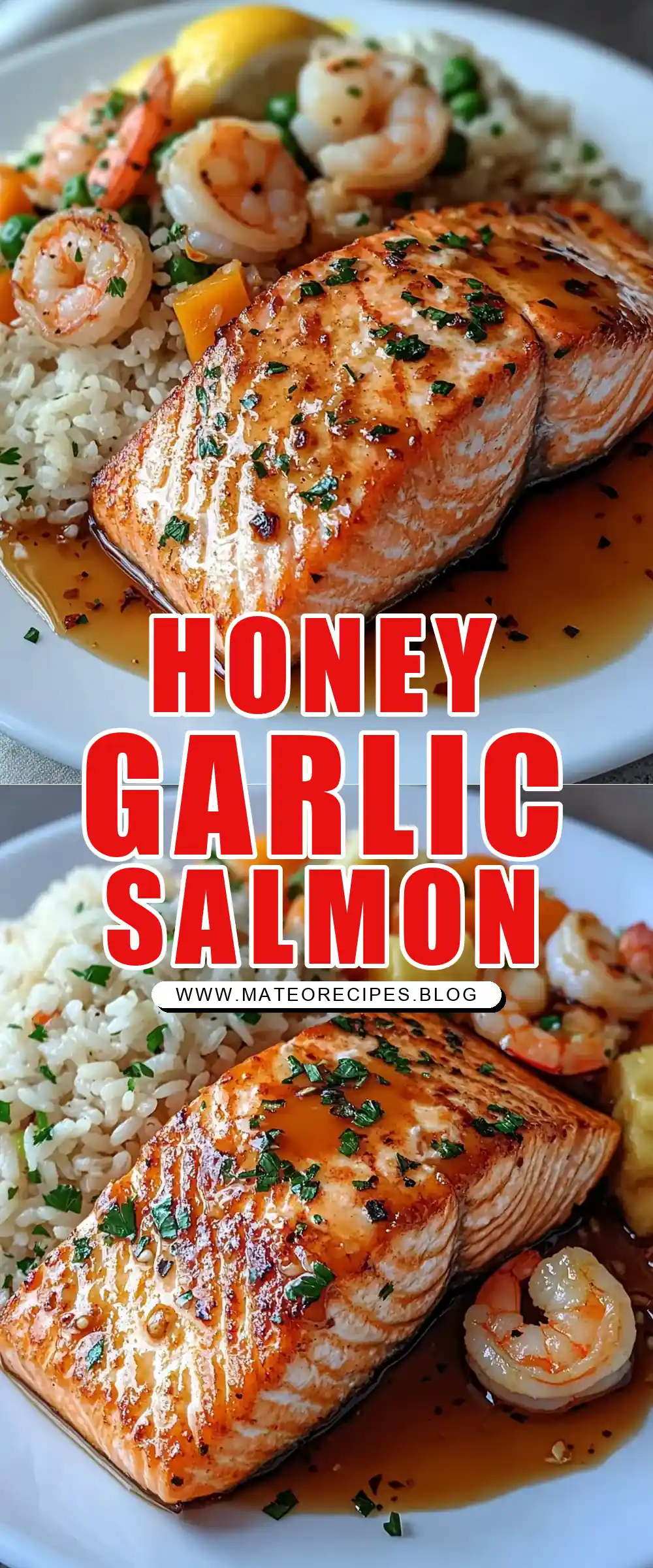 Pinterest pin (Design 1) for Honey Garlic Glazed Salmon with Shrimp & Veggie Fried Rice