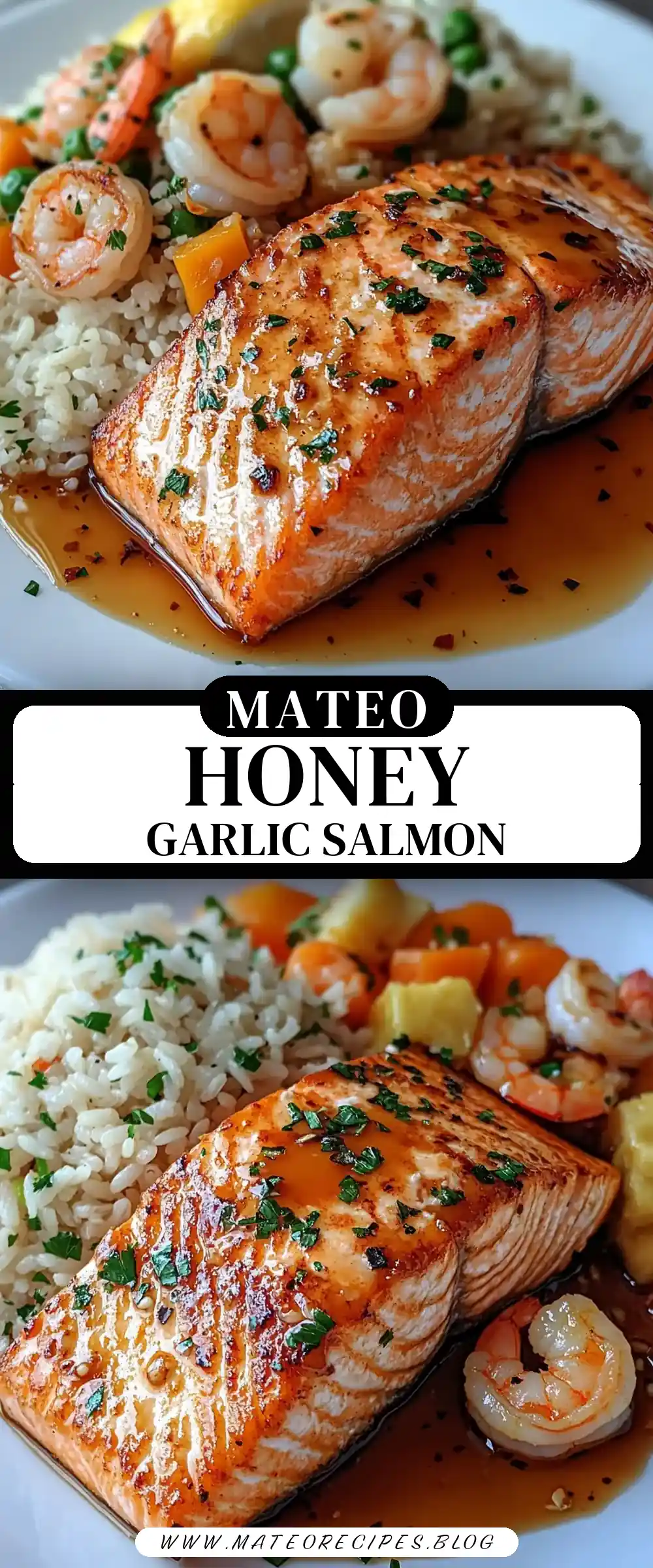 Pinterest pin (Design 3) for Honey Garlic Glazed Salmon with Shrimp & Veggie Fried Rice