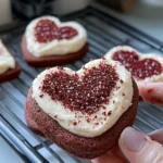 A delicious plate of Heart Shaped Red Velvet Frosted Cookies