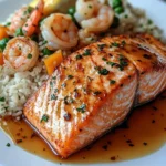 A delicious plate of Honey Garlic Glazed Salmon with Shrimp & Veggie Fried Rice