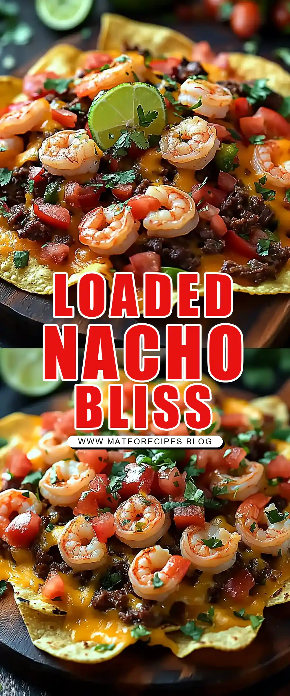 Pinterest pin (Design 1) for Loaded Shrimp & Beef Nachos