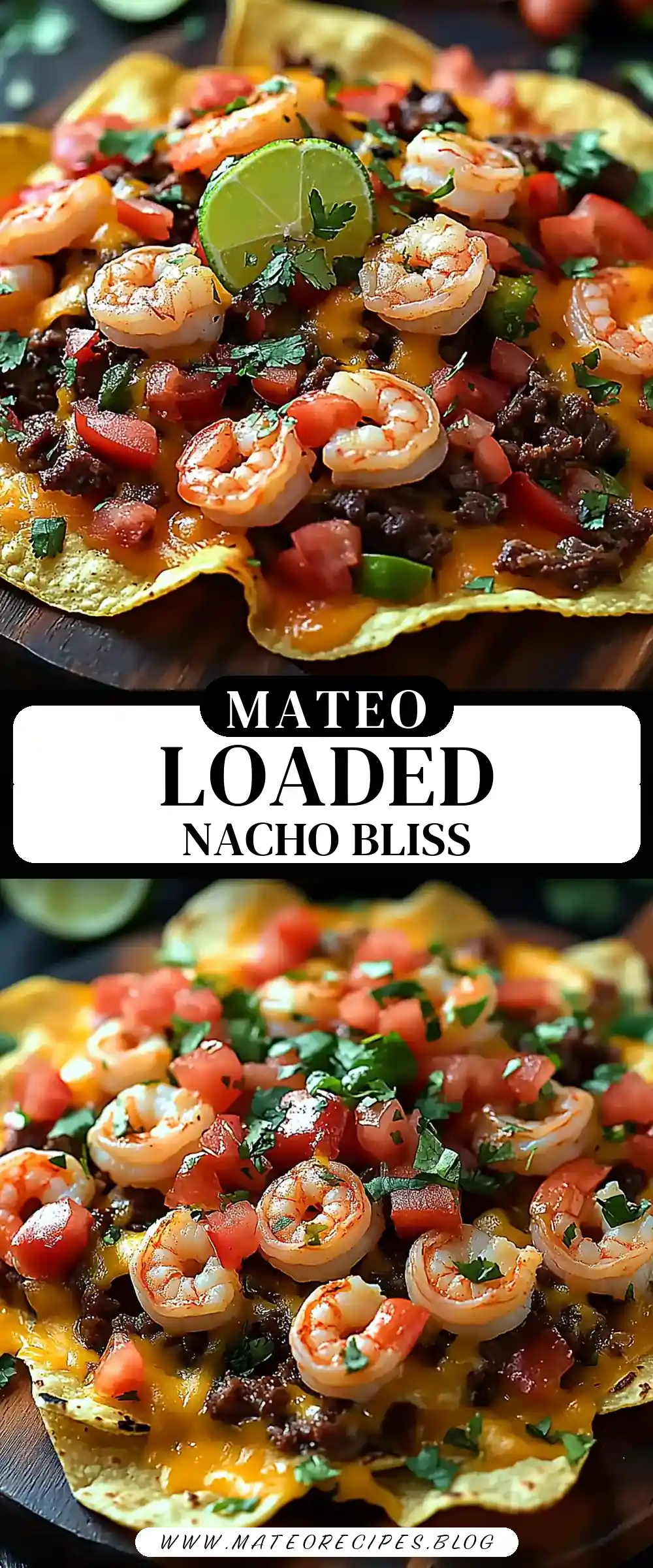 Pinterest pin (Design 3) for Loaded Shrimp & Beef Nachos