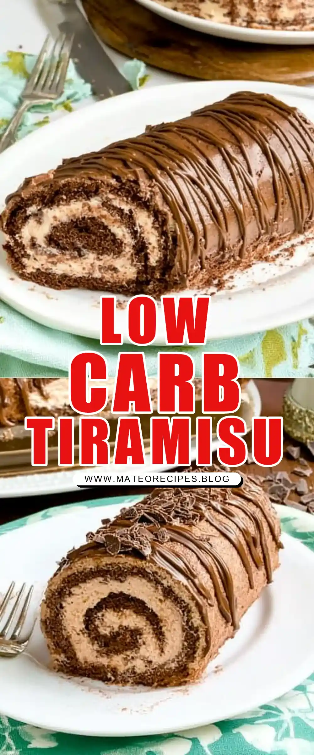 Pinterest pin (Design 1) for Low Carb Chocolate Tiramisu Cake Roll