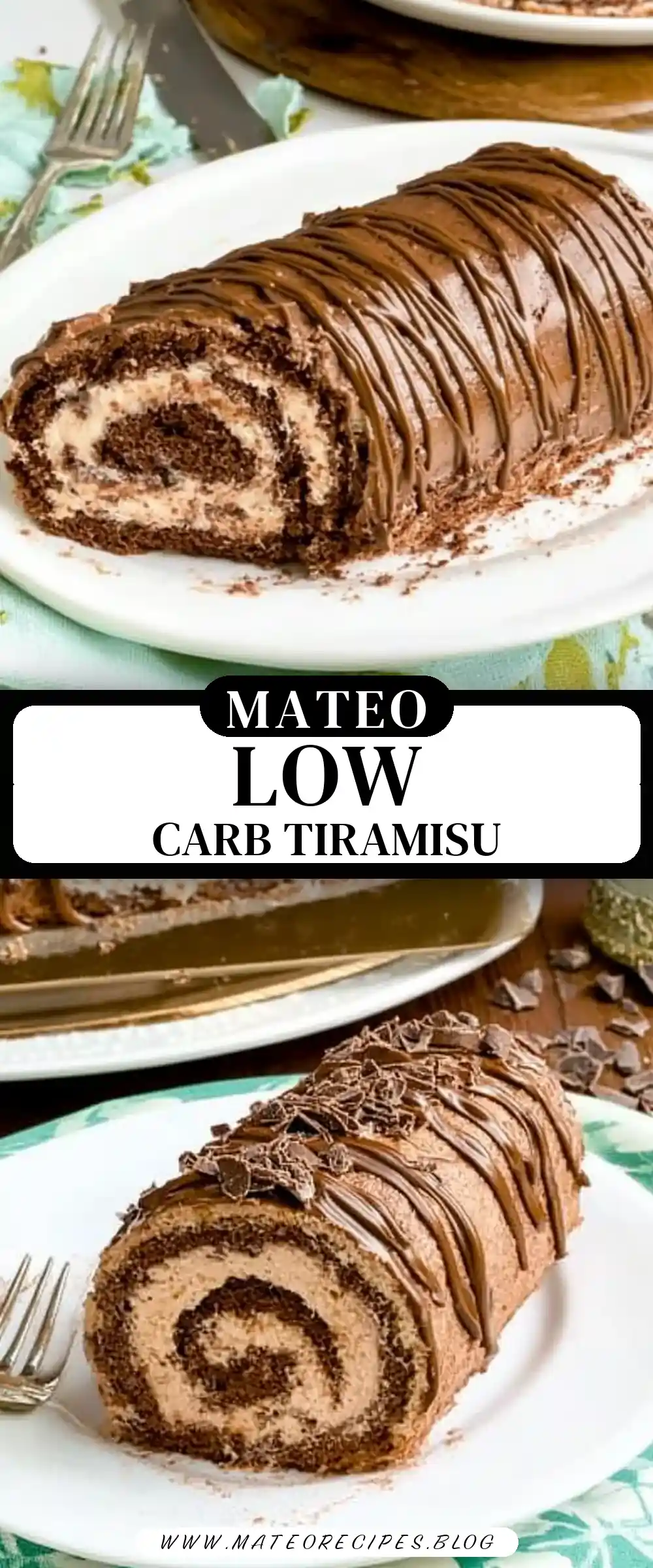 Pinterest pin (Design 3) for Low Carb Chocolate Tiramisu Cake Roll