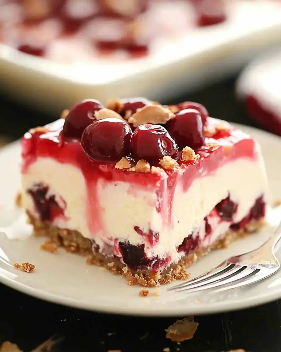 A delicious plate of Layered Cherry Cheesecake Lush Dessert Recipe
