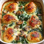 A delicious plate of Low Carb Creamy Chicken, Spinach & Mushroom Bake