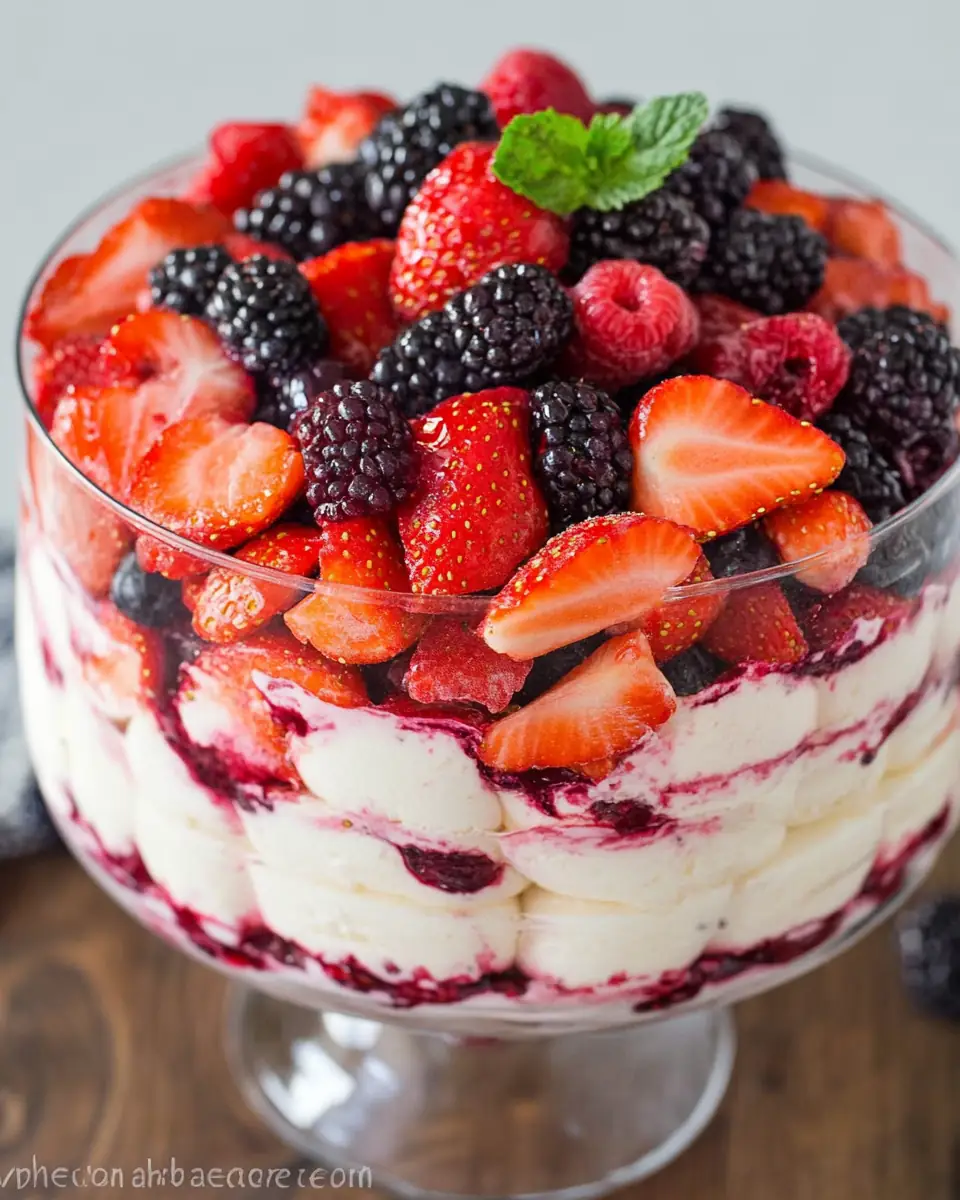 A delicious plate of Mixed Berry and Angel Food Trifle Recipe