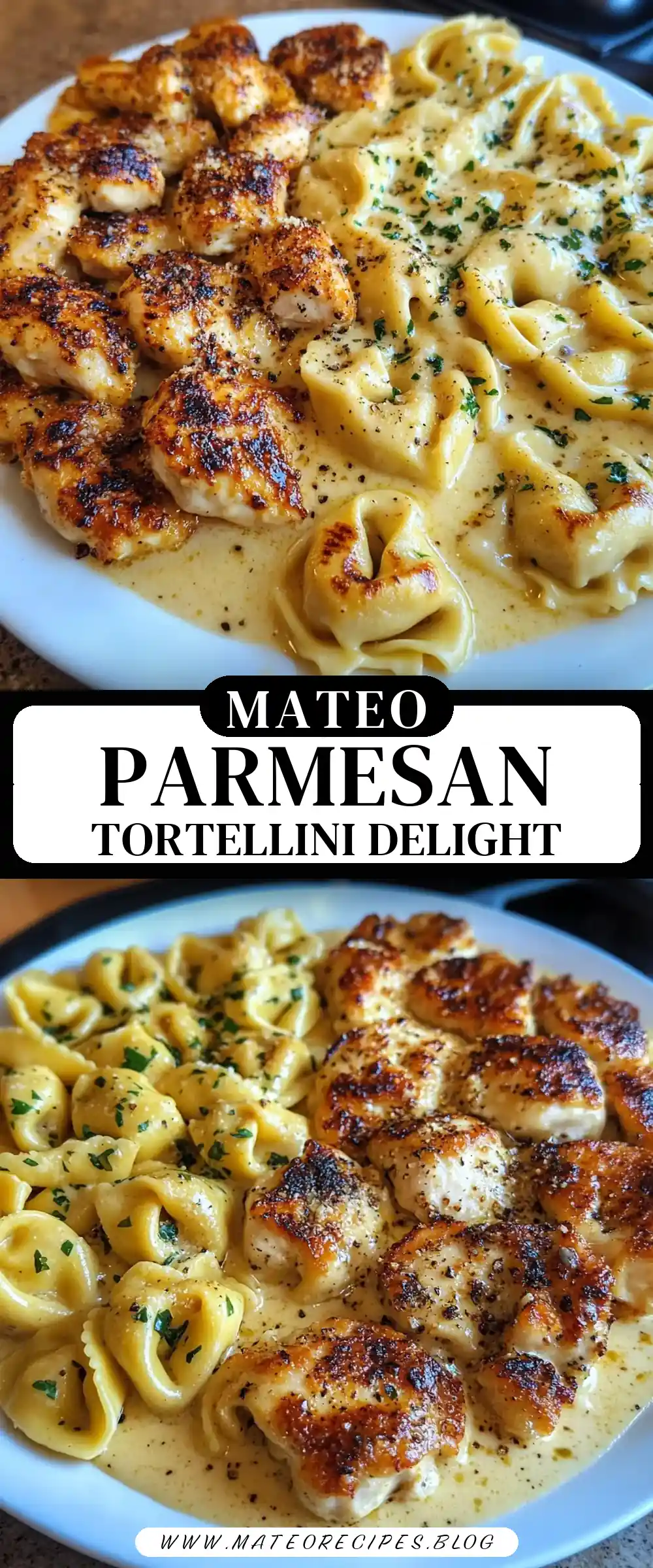 Pinterest pin (Design 3) for Garlic Parmesan Chicken Tortellini in Creamy Velveeta Asiago Sauce