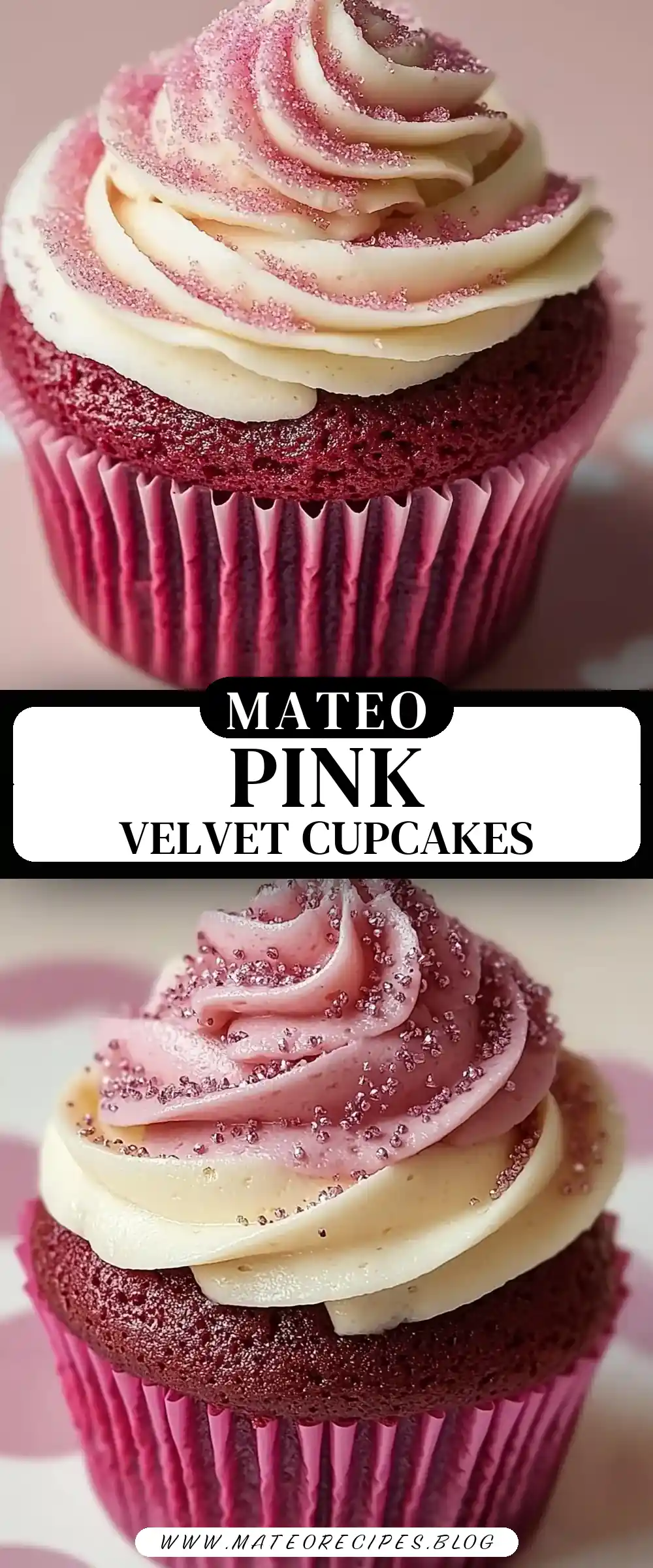 Pinterest pin (Design 3) for Pink Velvet Cupcakes with Vanilla Buttercream Frosting