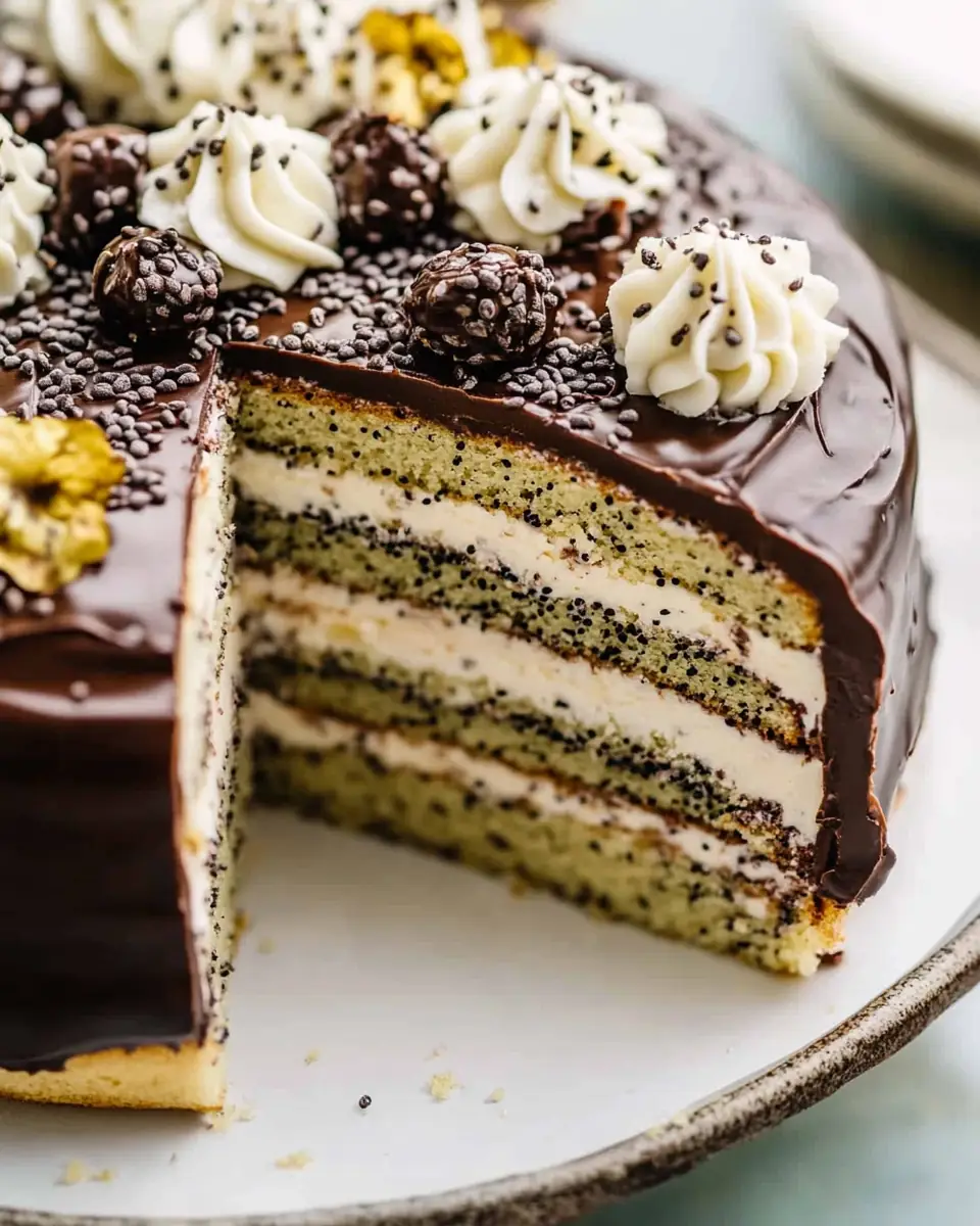 A delicious plate of Poppy Seed Cake with Chocolate Ganache