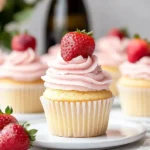 A delicious plate of Prosecco Cupcakes with Strawberry Buttercream Frosting