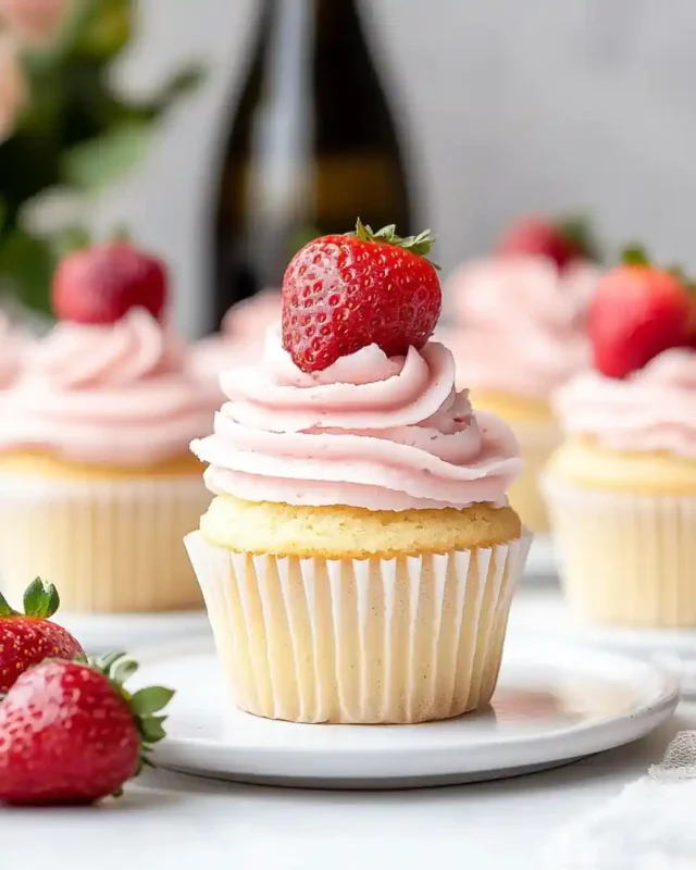 A delicious plate of Prosecco Cupcakes with Strawberry Buttercream Frosting