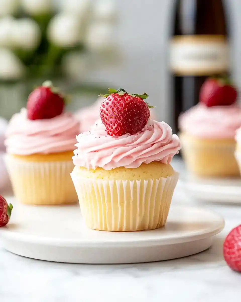 A delicious plate of Prosecco Cupcakes with Strawberry Buttercream Frosting