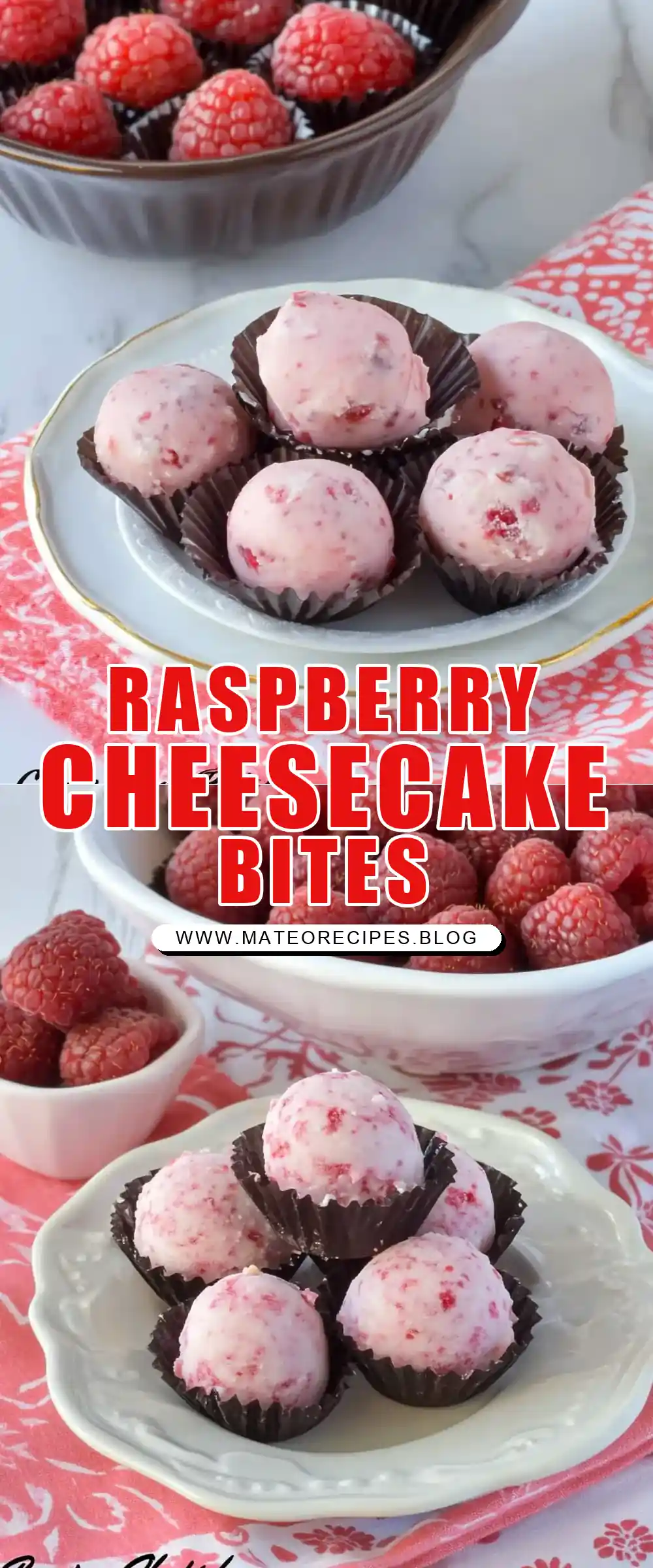 Pinterest pin (Design 1) for Sugar-Free No Bake Raspberry Cheesecake Bites