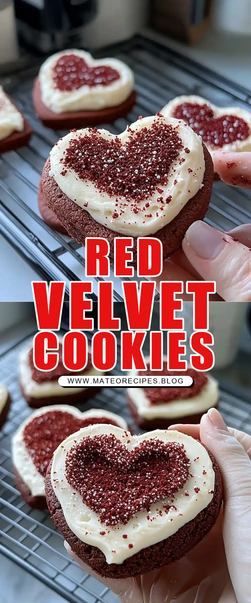 Pinterest pin (Design 1) for Heart Shaped Red Velvet Frosted Cookies