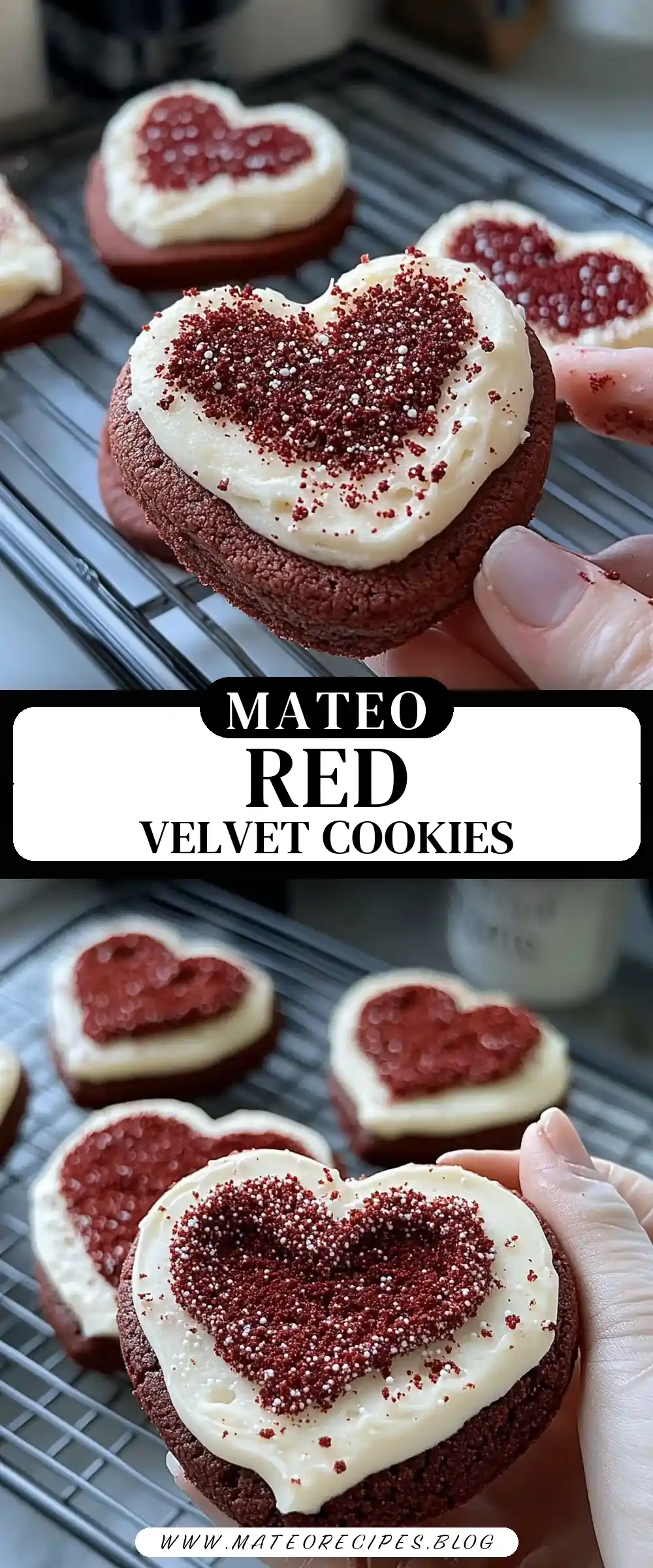 Pinterest pin (Design 3) for Heart Shaped Red Velvet Frosted Cookies
