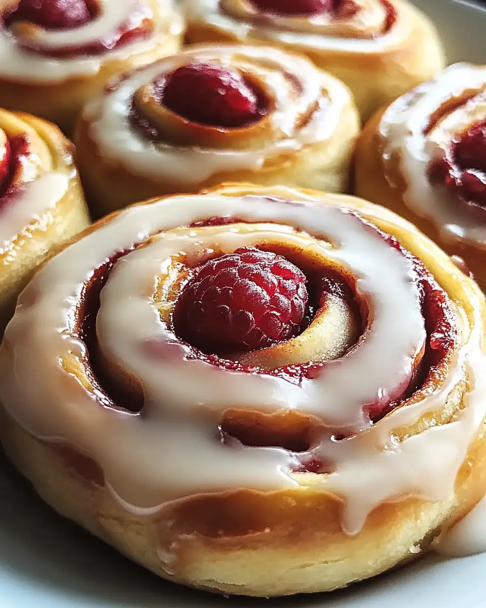 A delicious plate of Raspberry Cinnamon Rolls with Lemon Glaze