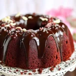 A delicious plate of Red Velvet Bundt Cake with Kahlua Ganache