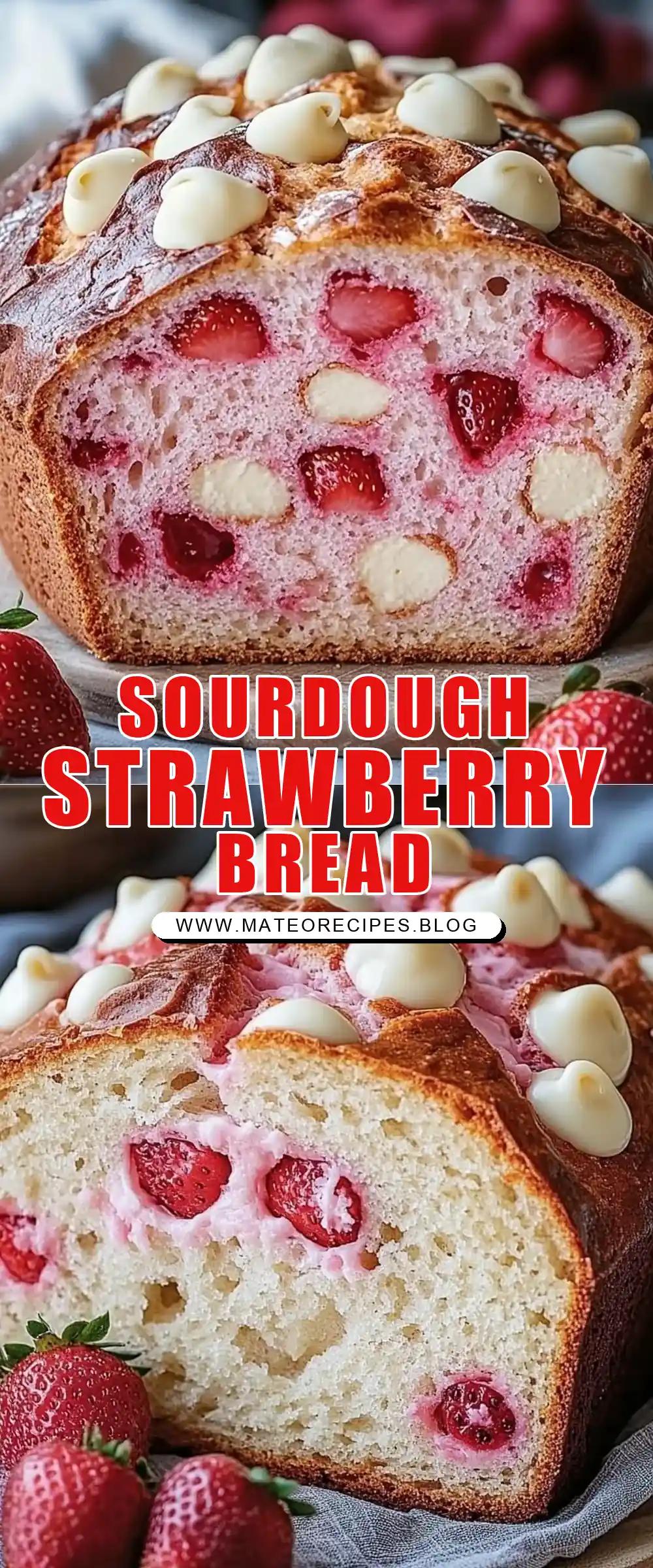 Pinterest pin (Design 1) for Sourdough White Chocolate Chips Strawberry Bread