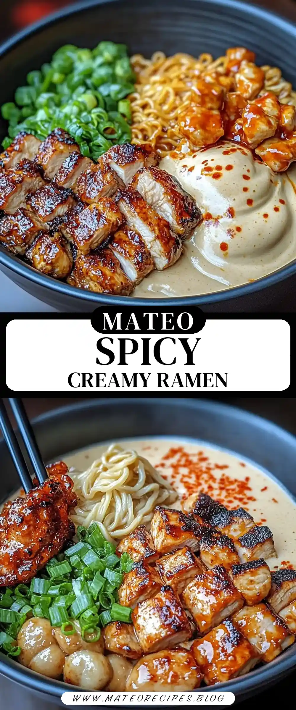 Pinterest pin (Design 3) for Spicy Chicken Ramen Bowl with Creamy Sauce