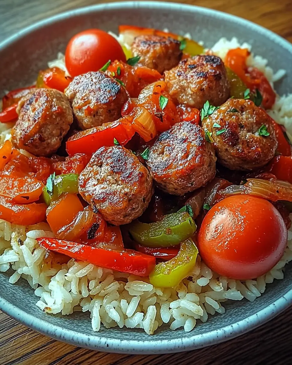 A delicious plate of Sausage, Onion, Bell Peppers & Tomatoes Over Rice