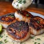 A delicious plate of Seared Scallops with Cilantro Lime Sauce ☀️