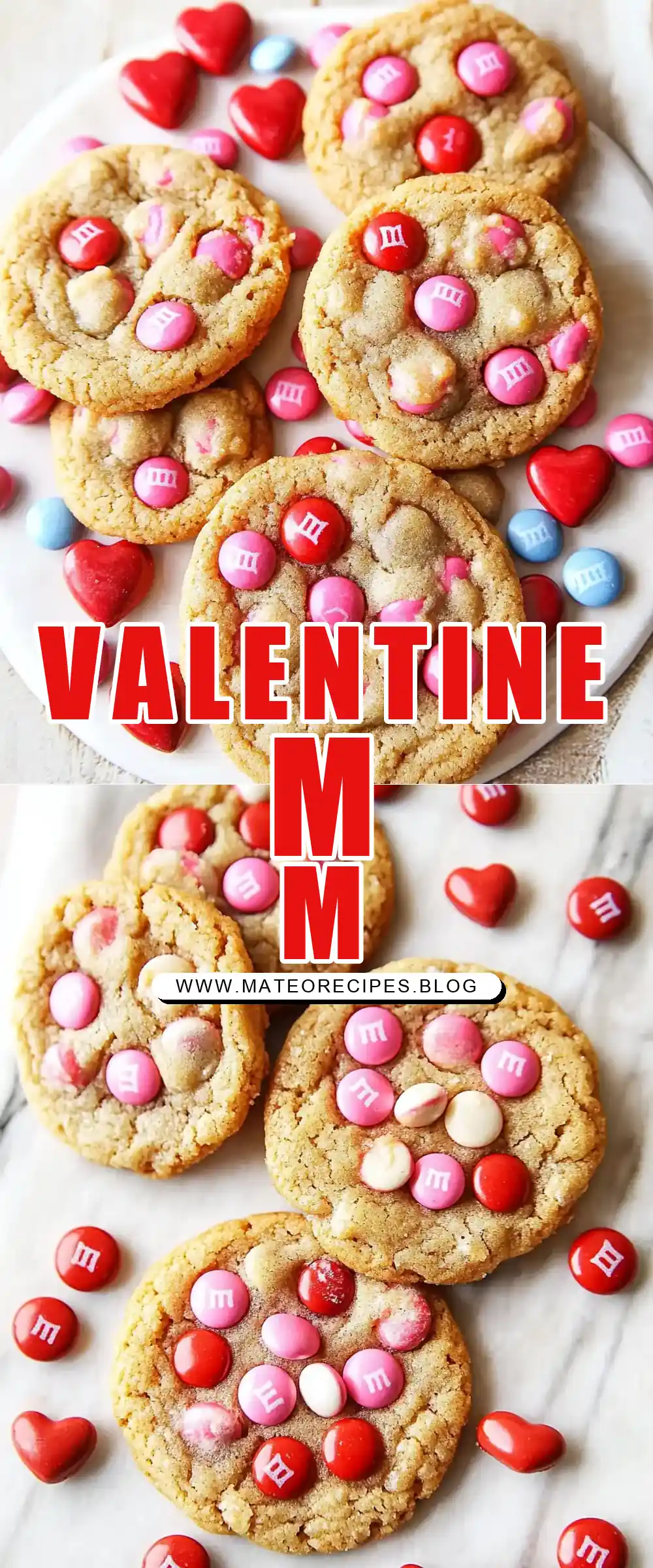 Pinterest pin (Design 1) for Valentine’s Day M&M Cookies
