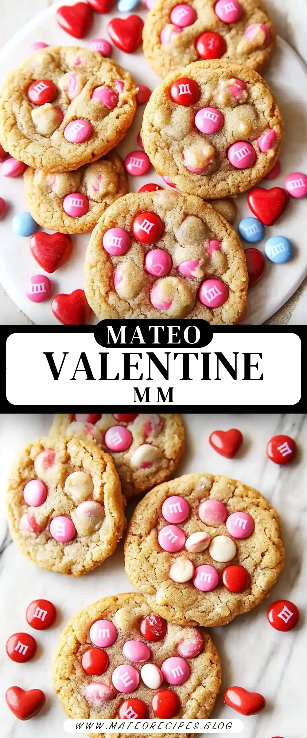 Pinterest pin (Design 3) for Valentine’s Day M&M Cookies