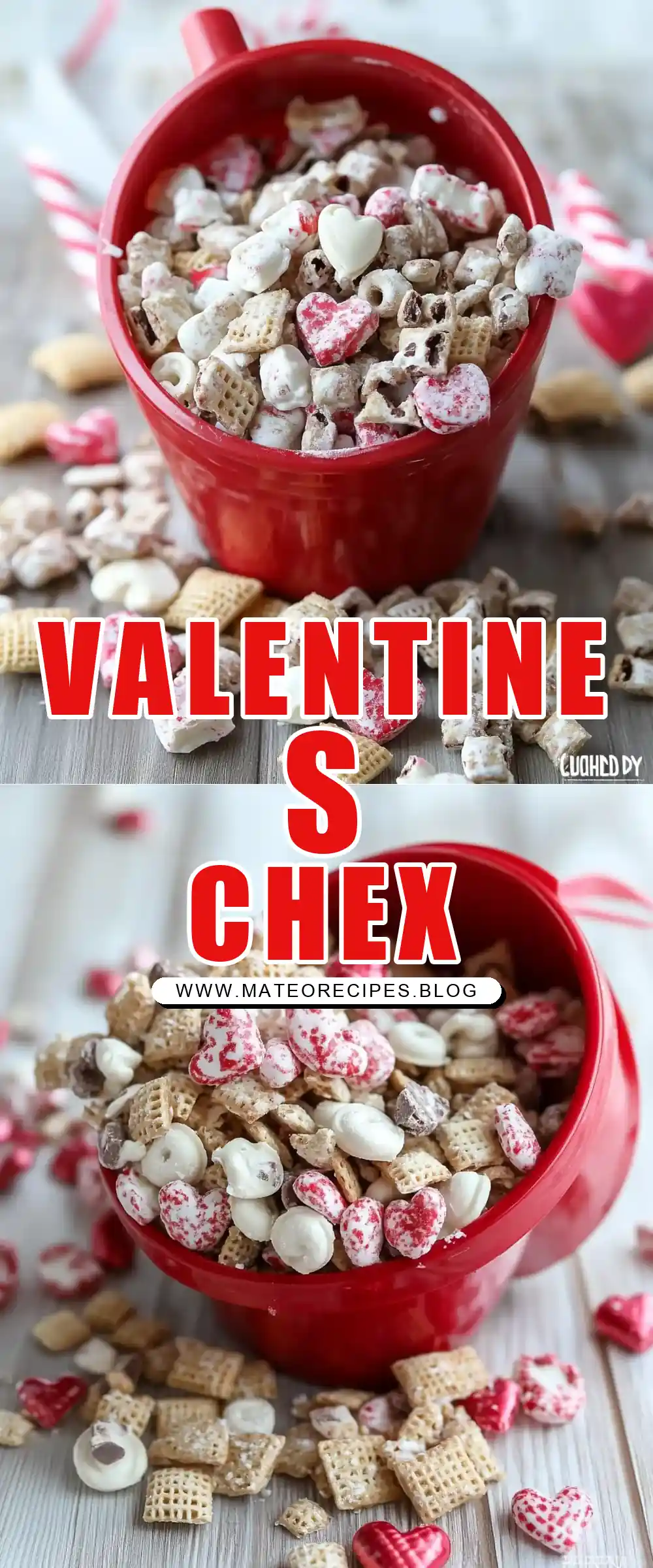 Pinterest pin (Design 1) for White Chocolate Chex Mix for Valentine’s Day