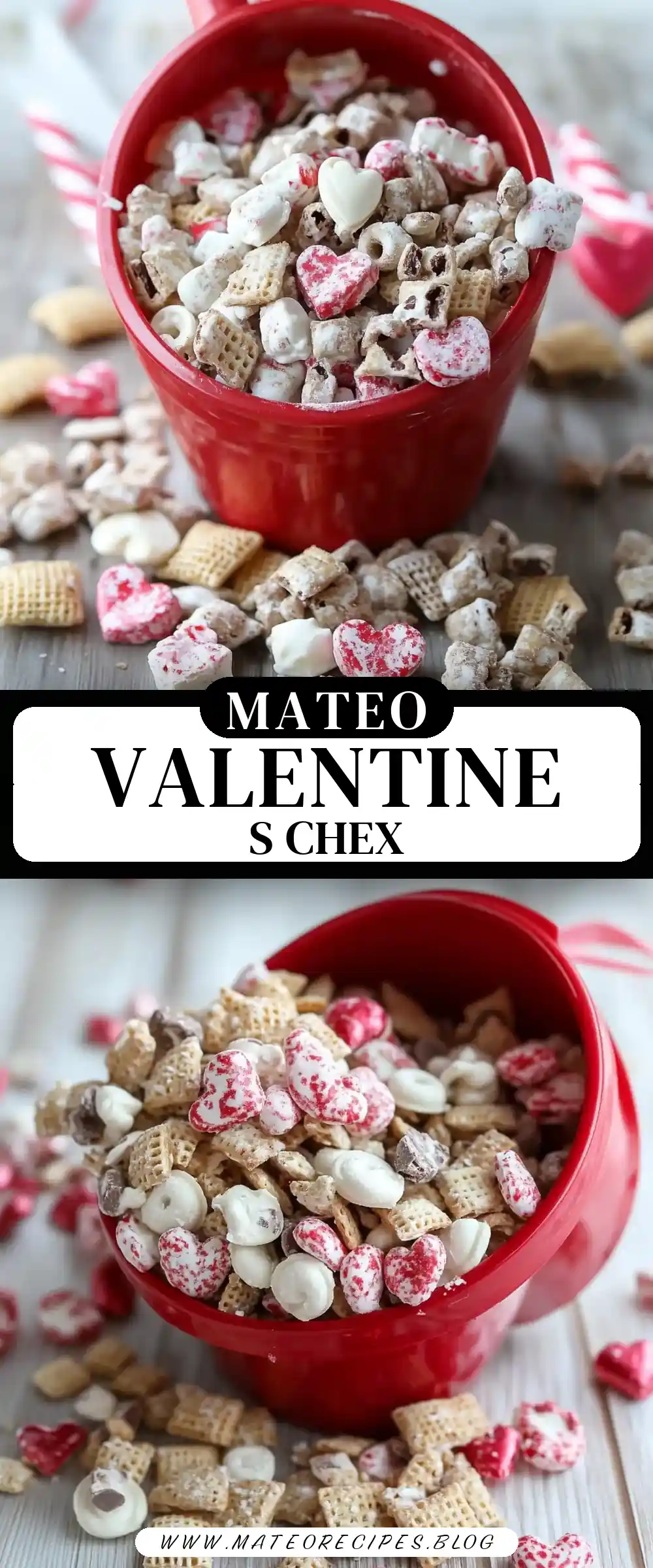 Pinterest pin (Design 3) for White Chocolate Chex Mix for Valentine’s Day