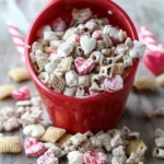 A delicious plate of White Chocolate Chex Mix for Valentine’s Day