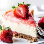 A delicious plate of White Chocolate Strawberry Cheesecake